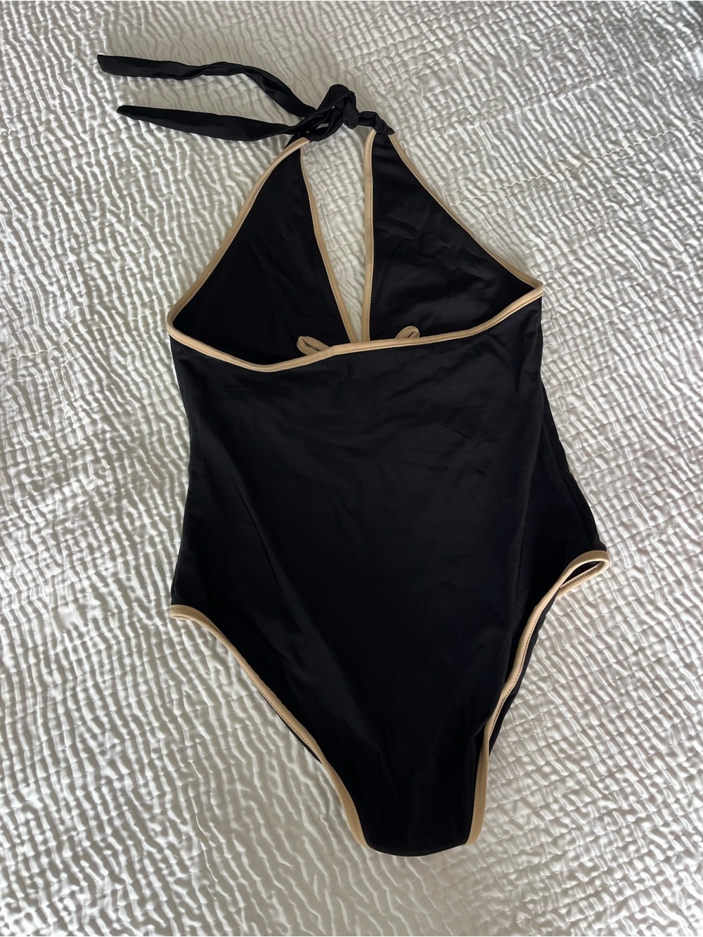 🚨‼️SOLD‼️🚨Black Halter One-Piece floral cutout Swimsuit with beige Trim - Picture 3 of 5